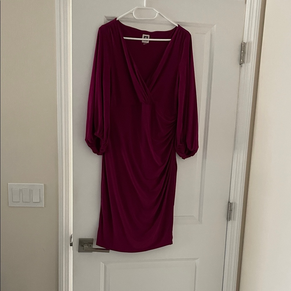 Anne Klein Magenta V-Neck Ruched Midi Dress